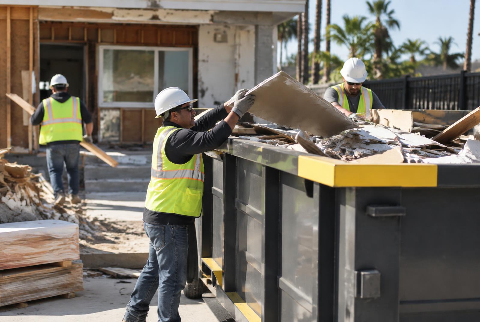 Construction crew loading renovation debris into a roll-off dumpster